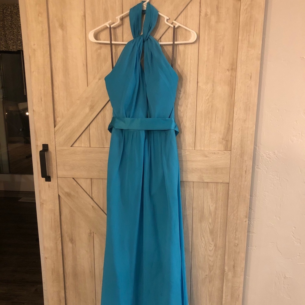 Long, Malibu blue, high neck, bridesmaid dress